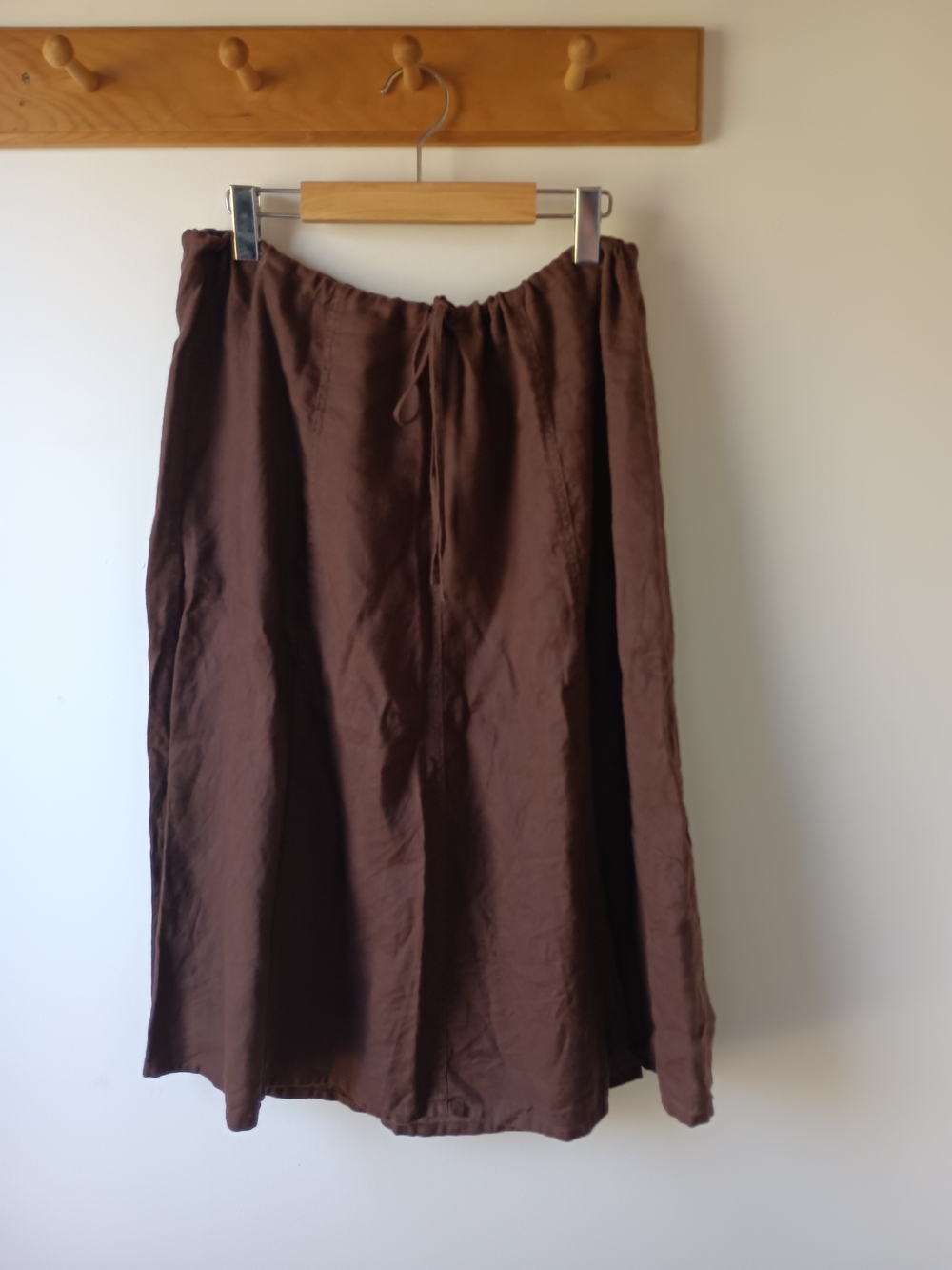 Brown Linen Midi Skirt - Drawstring Waist
